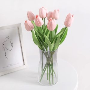 Artoo-Artificial flowers-Artificial Tulips 5 Stems Pink PU Faux Flowers for Thanksgiving and Christmas Decorations Wedding Home Decor.